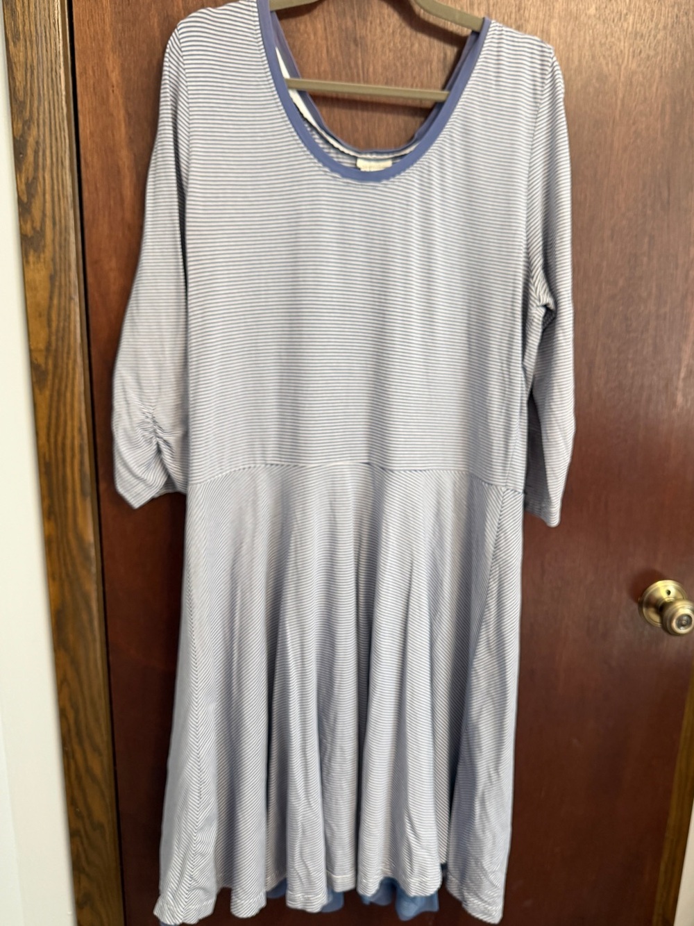 Matilda Jane Blue & White Striped Tulle Hem 3/4 Ruched Sleeve A-Line Dress
